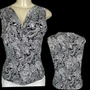 Claudia Richard M Black Paisley Print Surplice Neckline Sleeveless Blouse